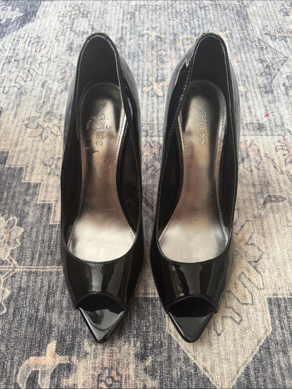GUESS Black Patent Peep-Toe Stiletto Pumps
